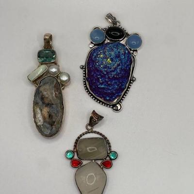 Lot of 3 Large Sterling Silver Pendants With Stones