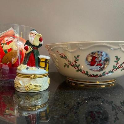 Lot of Christmas Holiday Decor, Including Lenox Victorian Santa Bowl