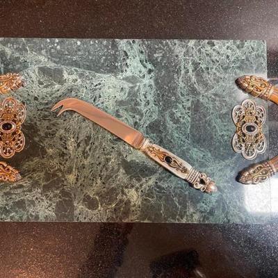 Ann Cichon Marble Cheeseboard With Silverplate Handles and Matching Cheese Knife