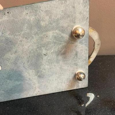 Ann Cichon Marble Cheeseboard With Silverplate Handles and Matching Cheese Knife