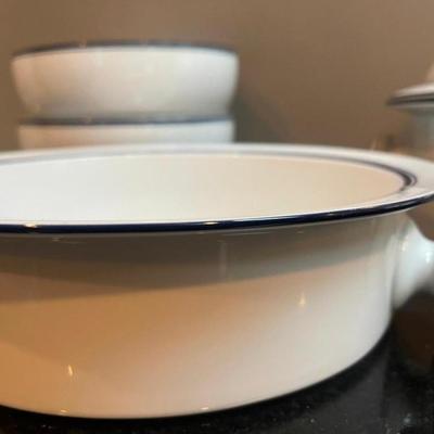 Lot of Dansk Bistro White Serving Dishes with Blue Rims