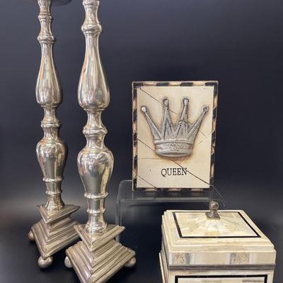 Lot of Home Accents: Decorative Bone Box, Candlesticks & Wall Decor