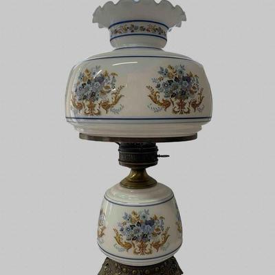 Vintage Gone With The Wind Hurricane Lamp 1973 Blue Gold Flowers Brass Base