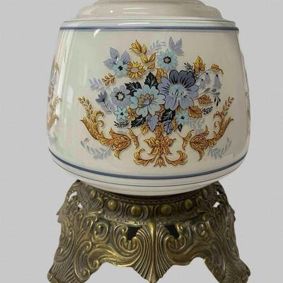 Vintage Gone With The Wind Hurricane Lamp 1973 Blue Gold Flowers Brass Base