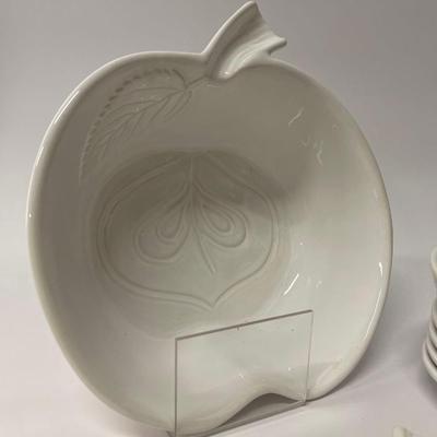 Set of White Apple Shaped Ceramic Serving Bowl with 8 Matching Snack Plates