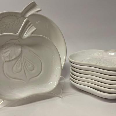 Set of White Apple Shaped Ceramic Serving Bowl with 8 Matching Snack Plates