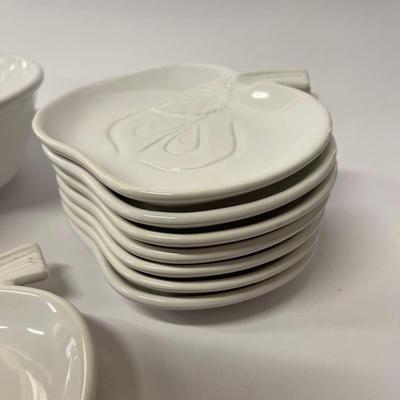 Set of White Apple Shaped Ceramic Serving Bowl with 8 Matching Snack Plates