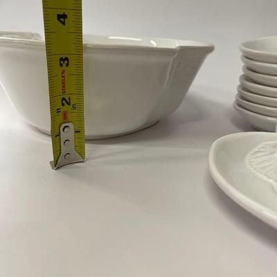 Set of White Apple Shaped Ceramic Serving Bowl with 8 Matching Snack Plates