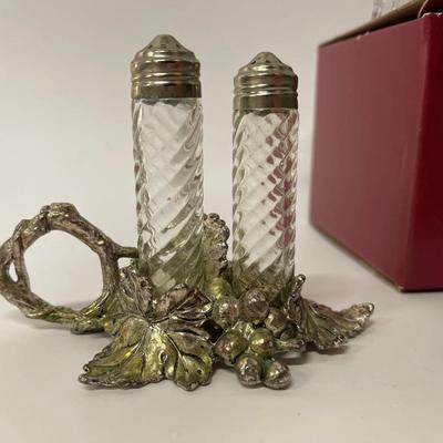 Lot of Gorham Crystal Lotus Sugar & Creamer Plus Metal Candle Snuffer & Salt & Pepper, Grape Pattern