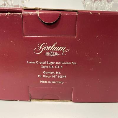 Lot of Gorham Crystal Lotus Sugar & Creamer Plus Metal Candle Snuffer & Salt & Pepper, Grape Pattern
