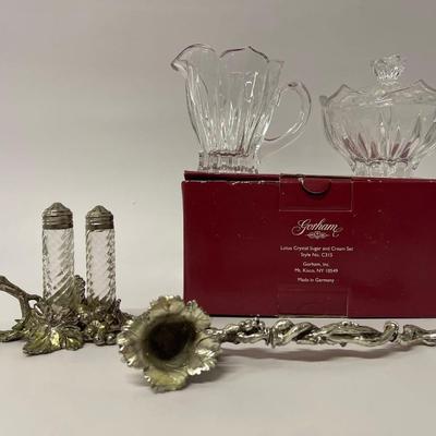 Lot of Gorham Crystal Lotus Sugar & Creamer Plus Metal Candle Snuffer & Salt & Pepper, Grape Pattern
