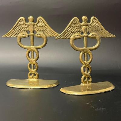 Pair Brass Caduceus Staff Bookends, Hermes Symbol