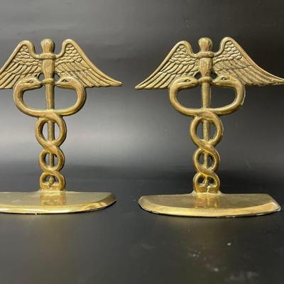 Pair Brass Caduceus Staff Bookends, Hermes Symbol