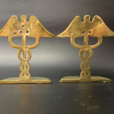 Pair Brass Caduceus Staff Bookends, Hermes Symbol