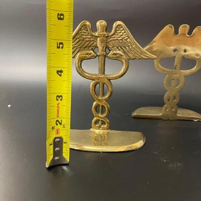 Pair Brass Caduceus Staff Bookends, Hermes Symbol