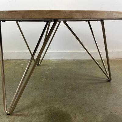 Round Travertine Top Coffee Table with Metal Hairpin Legs