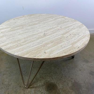Round Travertine Top Coffee Table with Metal Hairpin Legs