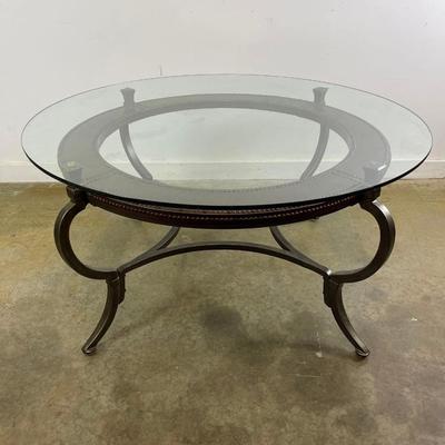 Round Glass Top Coffee Table with Metal Frame & Nail Head Trim