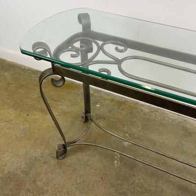 Glass Top Console Table with Scrolling Metal Base