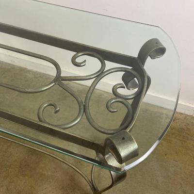 Glass Top Console Table with Scrolling Metal Base