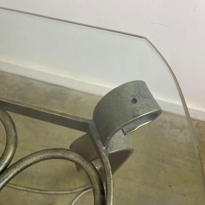 Glass Top Console Table with Scrolling Metal Base