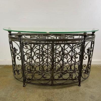 Glass Top Demilune Console With Scrolling Metal Base and Wine Rack