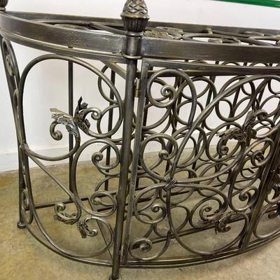 Glass Top Demilune Console With Scrolling Metal Base and Wine Rack
