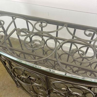Glass Top Demilune Console With Scrolling Metal Base and Wine Rack