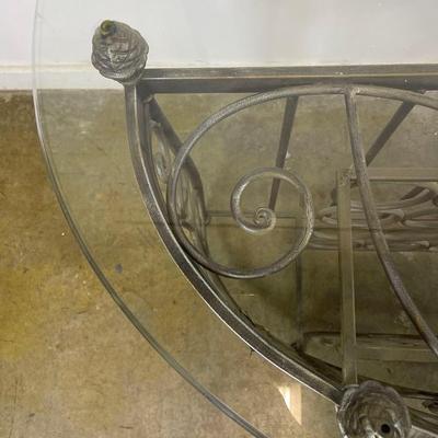 Glass Top Demilune Console With Scrolling Metal Base and Wine Rack