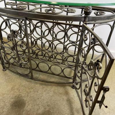 Glass Top Demilune Console With Scrolling Metal Base and Wine Rack