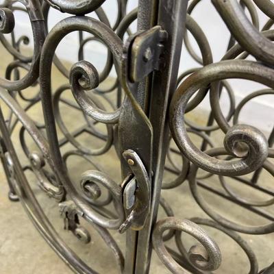 Glass Top Demilune Console With Scrolling Metal Base and Wine Rack