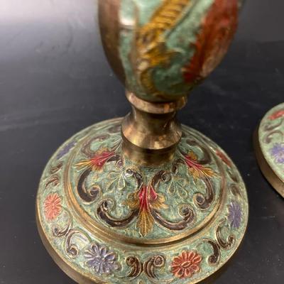 Pair of Vintage Enameled Brass Candlesticks