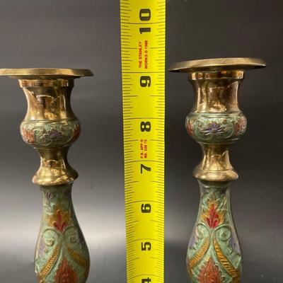Pair of Vintage Enameled Brass Candlesticks