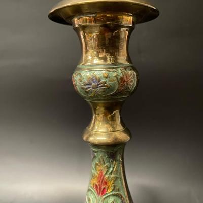 Pair of Vintage Enameled Brass Candlesticks