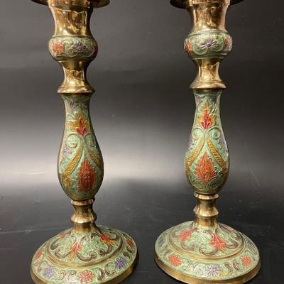 Pair of Vintage Enameled Brass Candlesticks