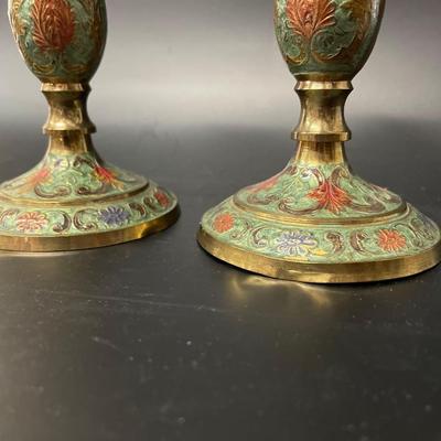 Pair of Vintage Enameled Brass Candlesticks