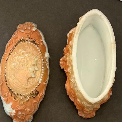 German Porcelain Lace Figurine & Cameo Trinket Dish