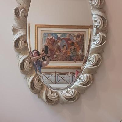 Large Scale Italian Baroque Style Painted Oval Mirror from A j. Robert Scott at Sally Sirkin Lewis Showroom