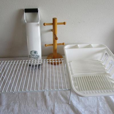 Dish drainer, mug holder, can crusher, organizing rack