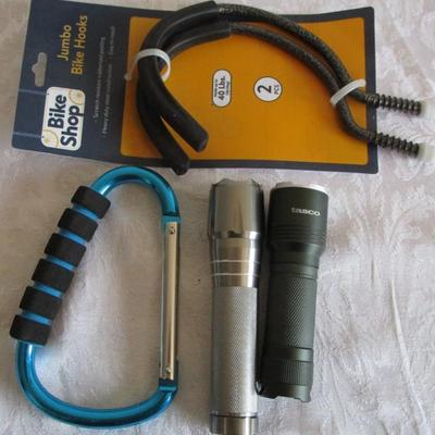 Bike hooks, 2 flashlights, 6" carabiner