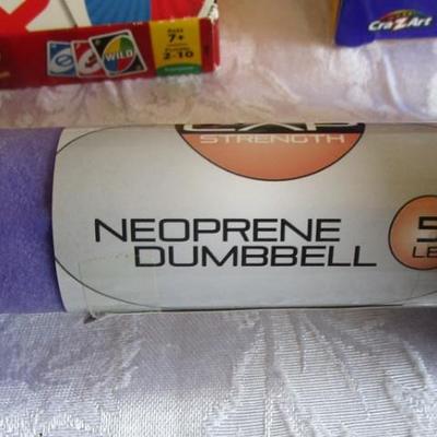 Sm container, crayons, dumbbell, bowl, Uno cards