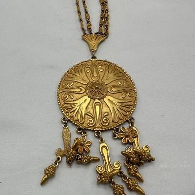 Vintage VENDOME Etruscan Revival White Wash Gold Tone Large Pendant Necklace