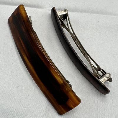 Hair Barrette Metal Clip Women Tortoise Brown Long Thin Rectangle Made in France