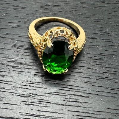 Gold Plated 4 Prong Setting Oval Cut Emerald Gemstone Ring