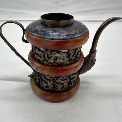 CHINESE TIBETAN SILVER CARVED JADE ENAMEL TEA POT