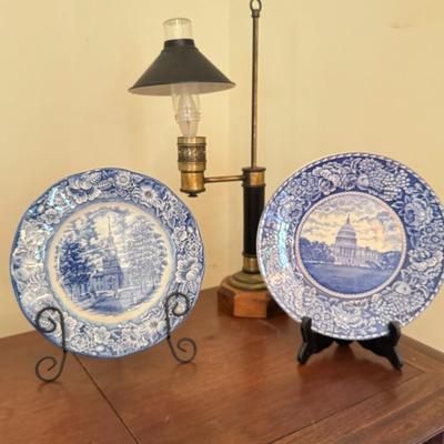 Vintage Metal Toleware Table Lamp  w/ 2 Staffordshire “Liberty Blue” Plates 