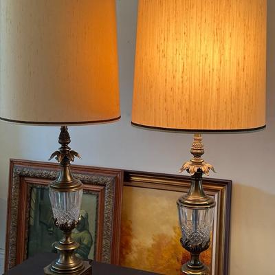 Pair of Vintage Stiffel Hollywood Regency Brass & Crystal Pineapple Table Lamps