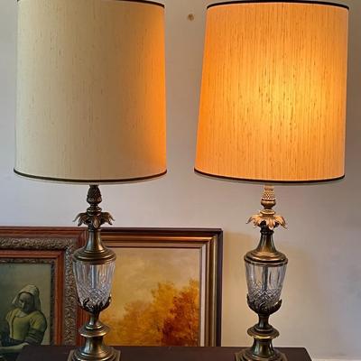 Pair of Vintage Stiffel Hollywood Regency Brass & Crystal Pineapple Table Lamps