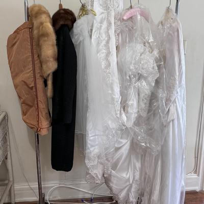 Vintage Women’s Fur Stole, Wedding Dresses, and Misc Clothing