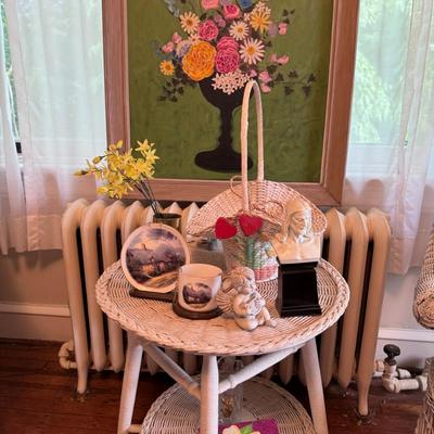 Floral Painting and Wicker Table Lot